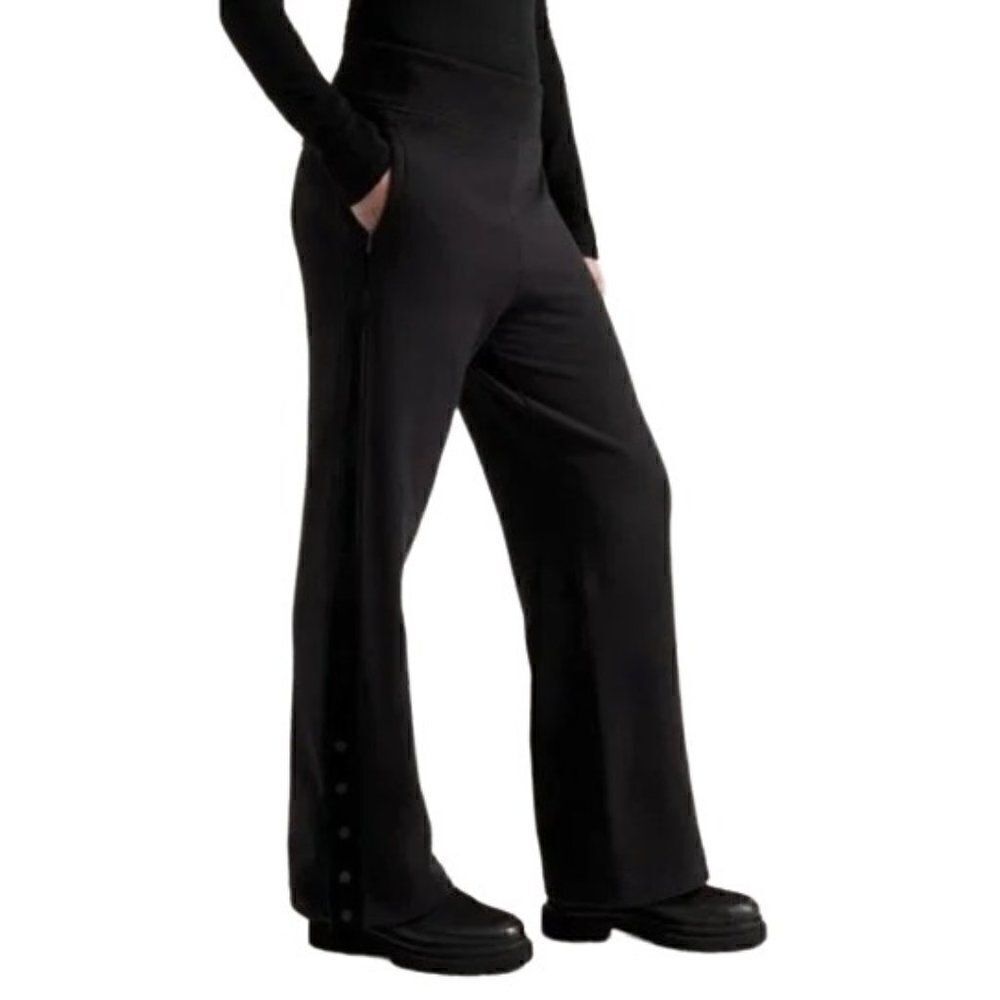 ATHLETA Retroplush Velvet Trim Straight Leg Pant Snap Black Sweatpant Medium